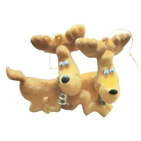 2 Vintage Flocked Moose Christmas Ornaments Reindeer Google Eyes Gold Bell 4.5" - Picture 15 of 16